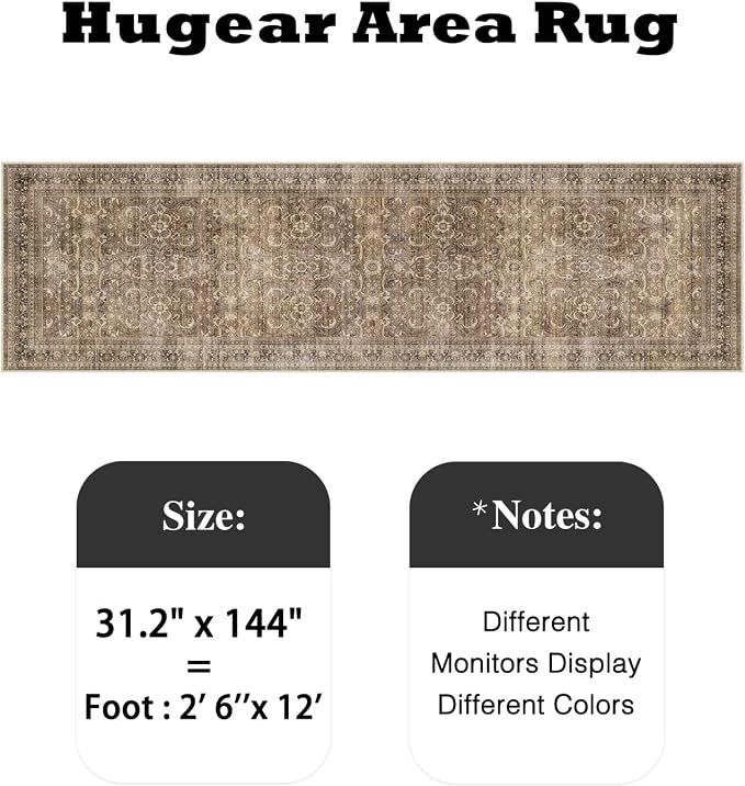 2'6''x12 Brown Vintage Distressed Washable Runner Rug for Hallway | Low Pile, Non Slip, Retro Style, Soft Distressed Long Hallway Runner for Kitchen, Entryway, Laundry, Bedroom, Home Decor