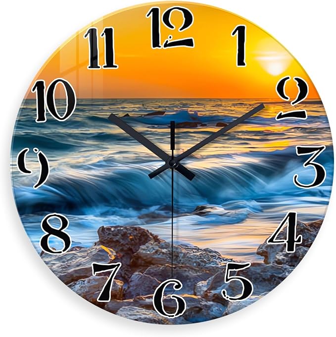 Blue Beach Wall Clocks Battery Operated 14 Inch | Analog Coastal Wall Clock for Bedroom Living Room Kitchen Glass Wall Clock Silent Non Ticking