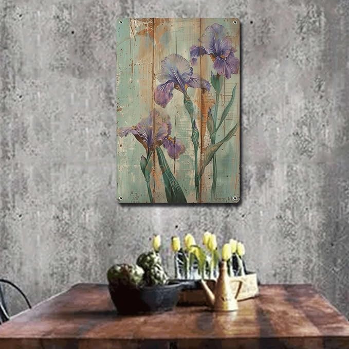 Metal Sign Tin Sign Vintage Wall Art Antique Nature's Love Irises Tin Sign for Shabby Chic Gardens Delicate Forms and Corrosion Resist Funny Outdoor Decor for Pub 6×8 Inches