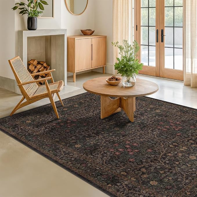 Dark Brown Washable 5x7 Area Rugs for Living Room, Entryway, Non-Slip Soft Rugs for Bedroom, Dining Room, Home Office, Black Brown Floral Vintage Cottage Indoor Carpet Décor, Low Pile Stain Resistant