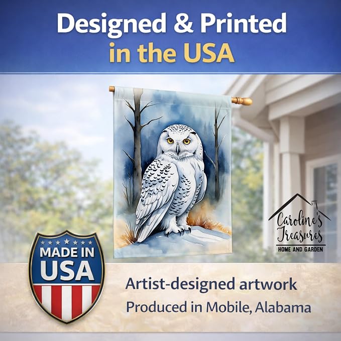 Caroline's Treasures Snowy Owl House Flag Large Porch Sleeve Pole Decorative Outside Yard Banner Artwork Wall Hanging, Polyester, House Size, Multicolor
