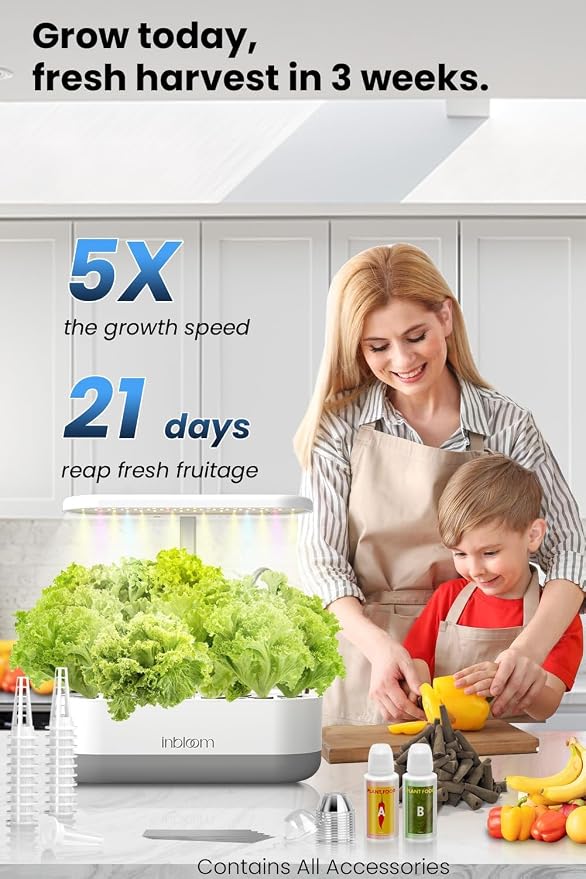 inbloom 12 Pods Hydroponics Growing System Kit, Herb Garden Planter Indoor Kit, Indoor Gardening Hydroponics Growing System with Pods, 4.2L Water Pump, Height Adjustable, Gifts for Woman, Black