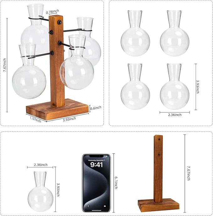 Plant Propagation Station with Wood Stand - 4 Bulb Glass Vases | Propagation Vases for Plants, Terrarium Kit for Home Office Garden Decor, Gifts for Plant Lovers