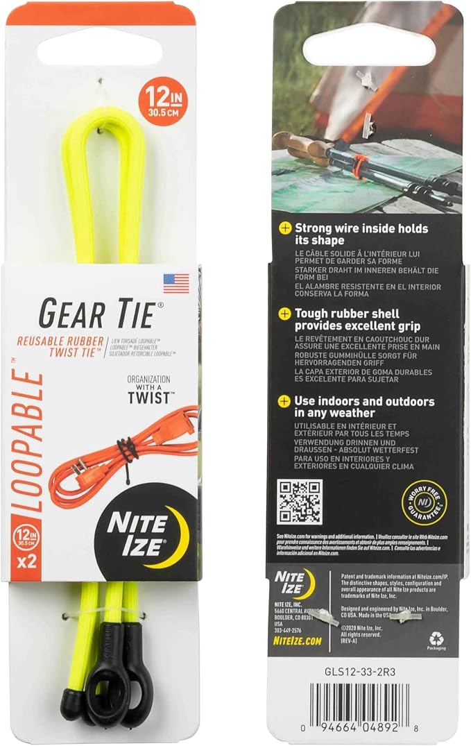 Nite Ize Gear Tie Loopable Twist Tie - Reusable & Flexible Twist Ties - Bendable Cable Ties for Gear & Cords - Loopable for Secure Fastening - 12", Neon Yellow (3 Pack)