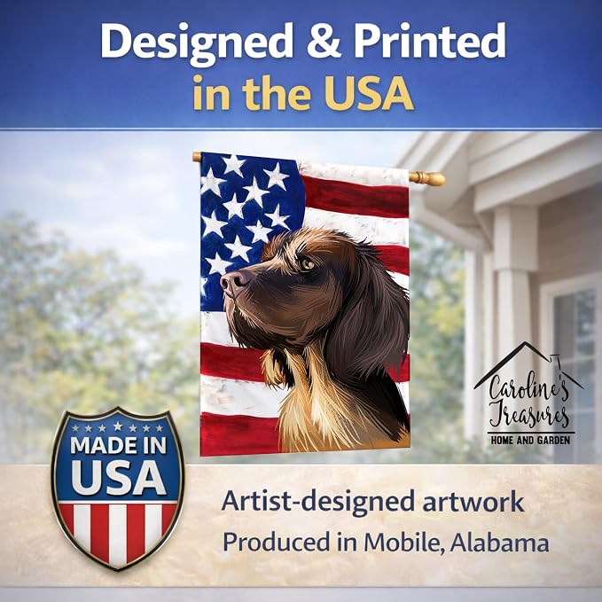 Caroline's Treasures CK6645CHF Picardy Spaniel Dog American Flag House Flag Large Porch Sleeve Pole Decorative Outside Yard Banner Artwork Wall Hanging, Polyester, House Size, Multicolor