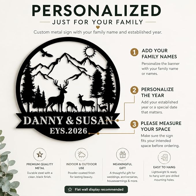 Personalized Deer Mountain Metal Sign Custom Family Name Wall Decor Rustic Cabin Outdoor Yard Art Wedding Anniversary Sign Gift