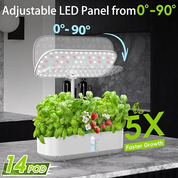 14 Pods Hydroponics Growing System, Indoor Herb Garden with LED Grow Light, 5L Water Tank, Hydroponic Grow Kit with Auto-Timer, STEM Growing Kit