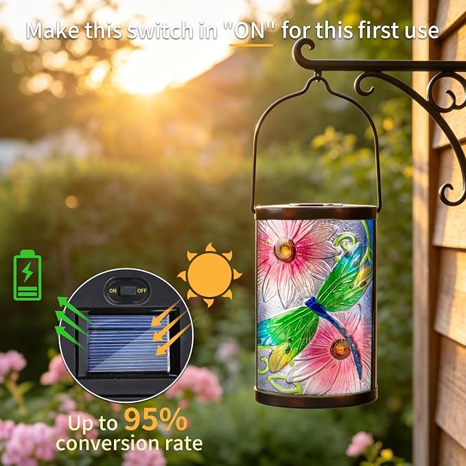 Solar Lantern Outdoor Waterproof Hanging Solar Lights Dragonfly Glass Decorative Lanterns for Outdoor Patio Lawn Outside Yard Garden Decor