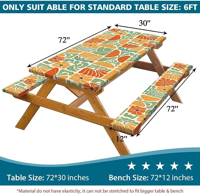 Picnic Table Covers with Bench Covers Boho Patchwork Orange Green Flower Pattern Camping Tablecloth Fitted Picnic Table Cover with Elastic Windproof Waterproof, Camping Accessories Outdoor, 60In 3PCS