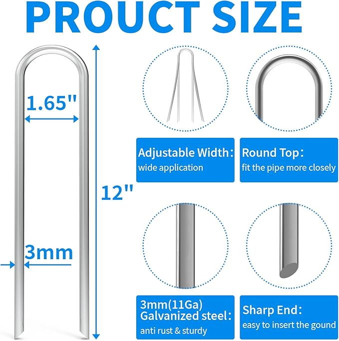 MySit 12 Inch 50 Pack Heavy Duty U Shaped Garden Stakes, 11 Gauge Galvanized Fence Stakes Landscape Staples Metal Yard Stakes for Ground, Drip Hose, Inflatables, Outdoor Decorations