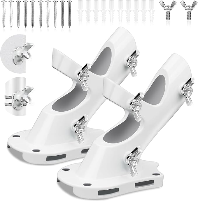 Flag Pole Brackets for House, REERON 2-Positions Metal 1" Flagpole Holder Mounts, Aluminium Rustproof Outside Flag Pole Wall Porch Mounting Bracket with 3 Fixed Holes & Steel Hardwares (White-2 Pack)