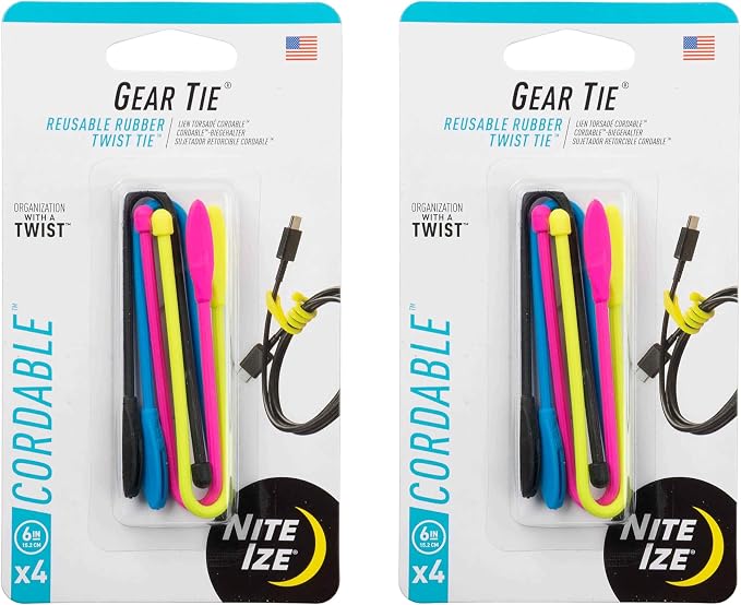 Nite Ize Gear Tie Cordable Twist Tie - Flexible Ties for Cord Management - Reusable Rubber Twist Ties for Wires - Waterproof & UV Resistant - Assorted Colors - 6-inch, 8 Count (2 Pack)