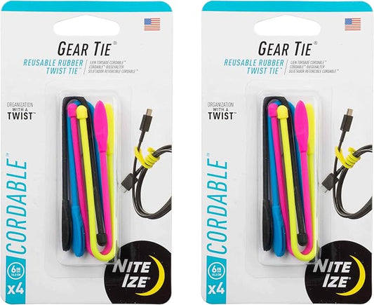 Nite Ize Gear Tie Cordable Twist Tie - Flexible Ties for Cord Management - Reusable Rubber Twist Ties for Wires - Waterproof & UV Resistant - Assorted Colors - 6-inch, 8 Count (2 Pack)
