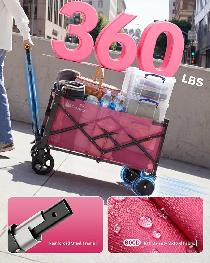 Gonex Electric Wagon Cart with Smart Handlebar 360lbs Heavy Duty Motorized Utility Wagon for Camping Gardening 200L Collapsible Foldable Grocery Cart with Silent Hub Motor Magnetic Brake Pink