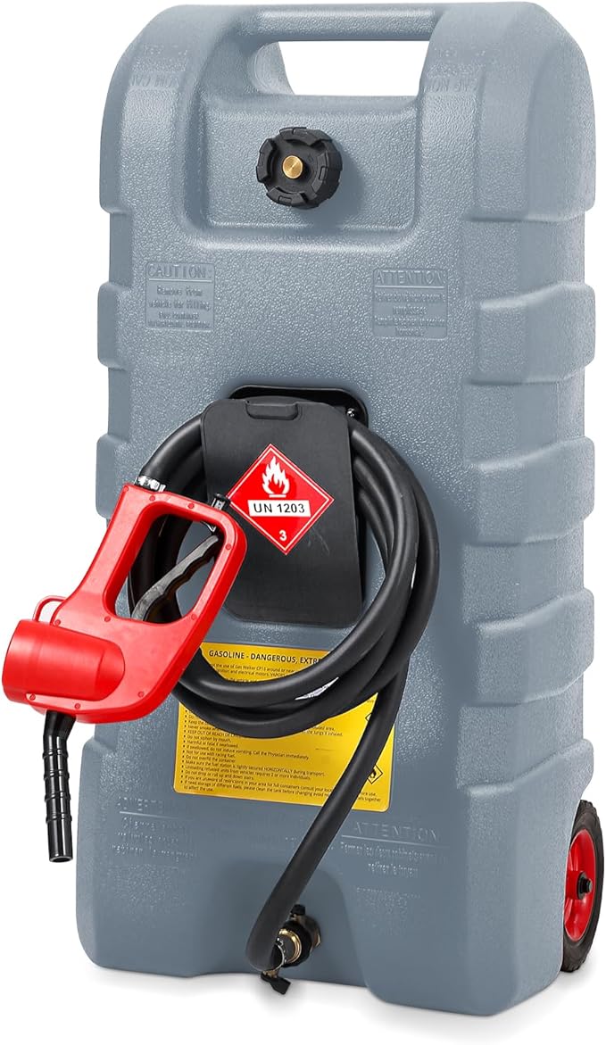 15 Gallon Gas Can, Fuel Tank Container with LE Fluid Transfer Manual Siphon Pump & 10FT Hose, Portable Diesel Gas Storage Caddy with Wheels for Car, ATV, Weeder, Boat, etc., Grey