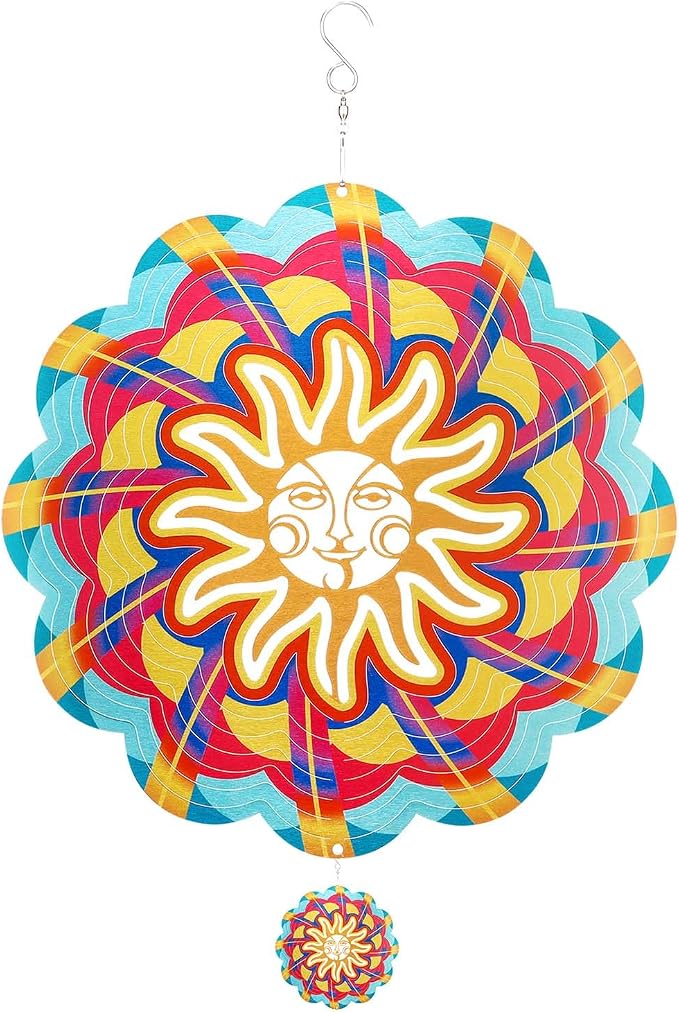 Wind Spinners Outdoor, 12 Inch Sun Face Smiley Stainless Steel Spinfinity Wind Spinner, Wind Chimes for Outside, 3D Hanging Kinetic Sculpture Suncatcher, Metal Spin Art Garden Ornament Gifts