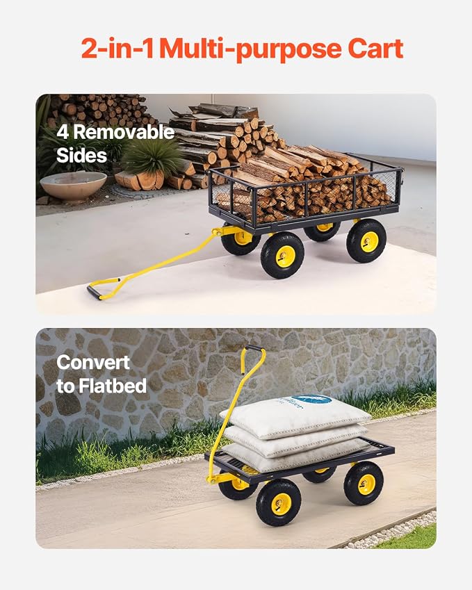 VEVOR Heavy Duty Steel Garden Cart 900 lbs Garden Wagon Cart on Wheels | Outdoor Metal Yard Utility Wagon with 10" Tires, Mesh Detachable Sides (Convert to Flatbed) and 180° Rotating Handle