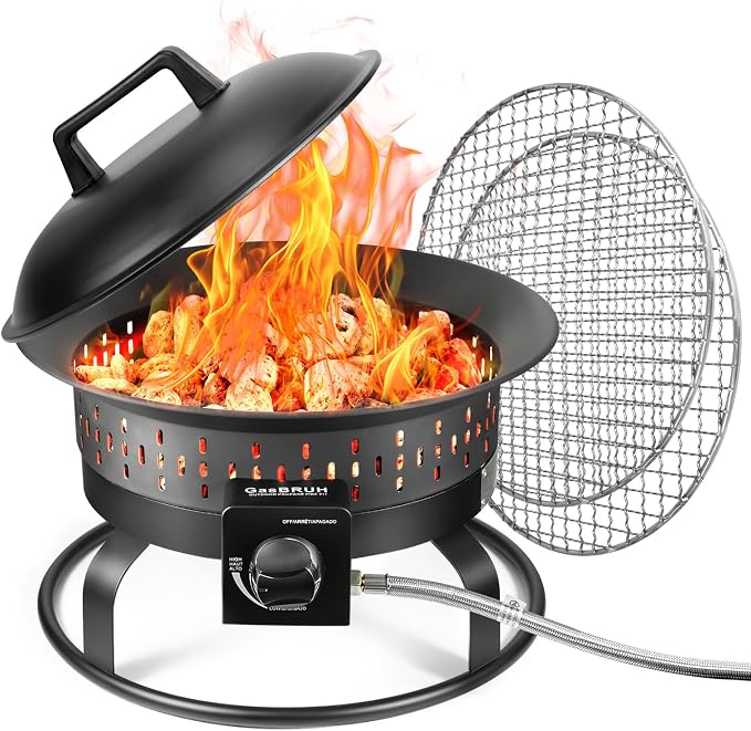 GasBRUH 19″ Outdoor Portable Propane Fire Pit with Grill Grate, Cover&Carry Kit,60,000 BTU Camping Propane Firepit,Smokeless Gas Firebowl, Portable Gas Fire Pit for Outside Patio,Camping,RV