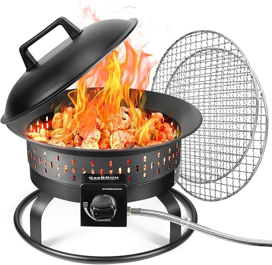 GasBRUH 19″ Outdoor Portable Propane Fire Pit with Grill Grate, Cover&Carry Kit,60,000 BTU Camping Propane Firepit,Smokeless Gas Firebowl, Portable Gas Fire Pit for Outside Patio,Camping,RV