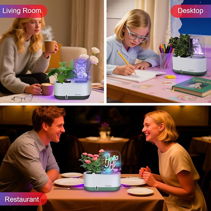 Self-Watering Planter with LED Note Board & 7 Colors Pen Acrylic Message Board with Light Acrylic Dry Erase Board, Led Cat Board Night Light with Planting Pot for Children's Day Gifts(No Plant&Seed)