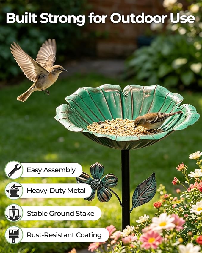 2PCS Vintage Metal Bird Bath Feeder 5-Prong Stake for Garden Patio | Vintage Metal Bird Bath & Feeder, Weatherproof, Easy Install, Ideal Garden Patio Decor.