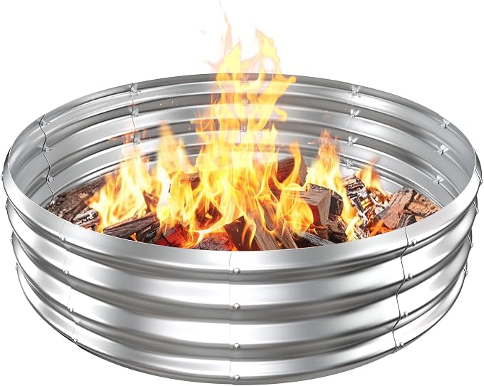 Metal Fire Pit Ring/Bonfire Fire Ring- 4 FT Diameter, 0.8 MM Thick,1 ft High, Durable and Stylish for Outdoor Fire Pits,Patios and Camping (Silver, 4X4X1 ft)