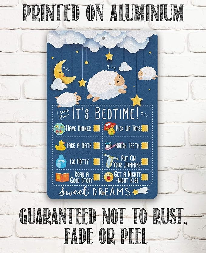 Child Bedtime - Cute Baby Room Decor, Baby Shower and Nursery Room Accessories, Good Night Moon Stars and Sheep, 8x12 Use Indoors or Outdoors Durable Metal Sign