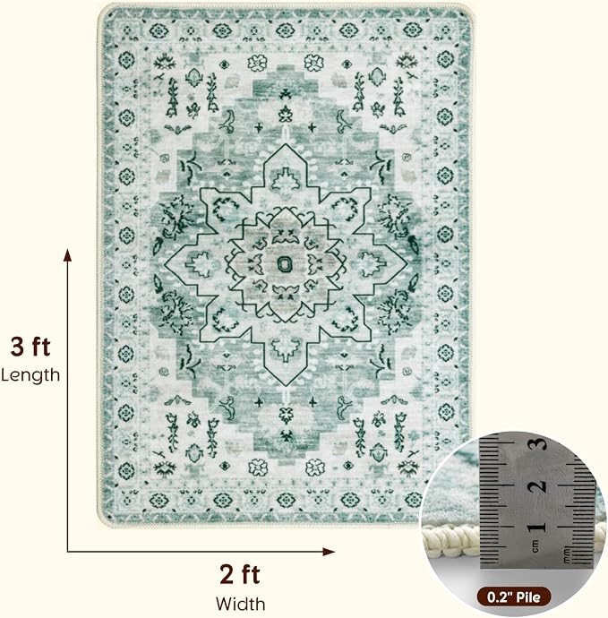 LBRO2M Machine Washable Rug Soft Pet Friendly Carpet 2X3 Green | Persian Rug 2X3 for Entryway, Kitchen, Bathroom Non Slip Carpet, Foldable Stain Resistant Rugs