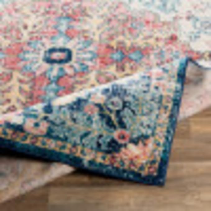 Livabliss Area Rugs - 7ft Round Odelia Vintage Boho Aqua Burgandy Blue Round Area Rug for Living Room Bedroom - Floral Medallion Stain Resistant Carpet for Kitchen, Nursery, Office (6'7" Round)