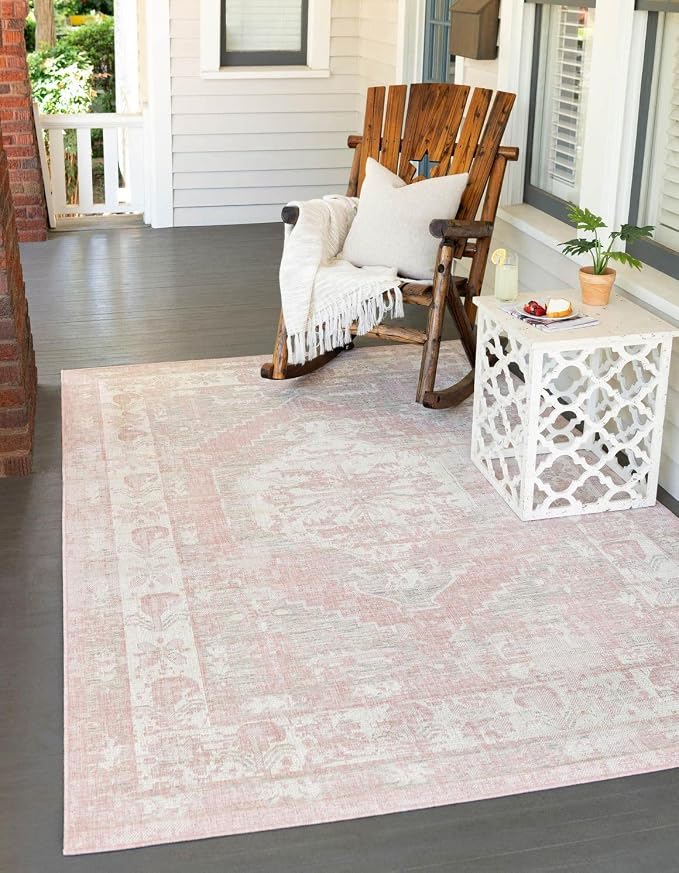 Unique Loom Outdoor Traditional Collection Area Rug - Valeria (7' 10" x 11' Rectangle, Pink/ Ivory)