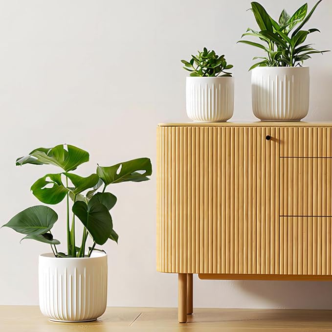 LE TAUCI Ceramic Planters, 8.3/7/6 Inch Indoor Pots for Plants with Drainage Holes & Mesh, Modern Matte Glaze Cylinder Fluted Plant Pot for Snake Plant, Set of 3, White