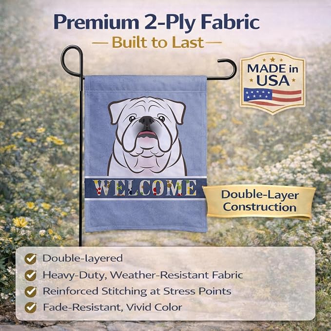 Caroline's Treasures BB1406GF White English Bulldog Welcome Garden Flag, Blue Mailbox Flag Decorative Yard Flag Banner Outside Patio Artwork Yard Flower Beds, Garden Size, Multicolor