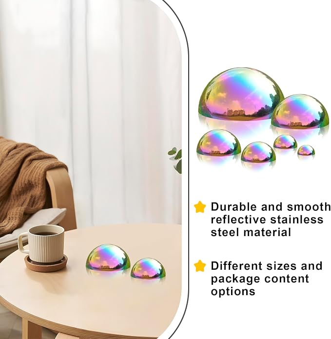 Gazing Ball Garden Mirror Outdoor - Outside Decorative Globe, Rainbow, 6Pcs | Metal Polished Reflective Hemisphere, Stainless Steel Hollow Decoration Ornament, for Home Pond Swimming Pool Housewarming