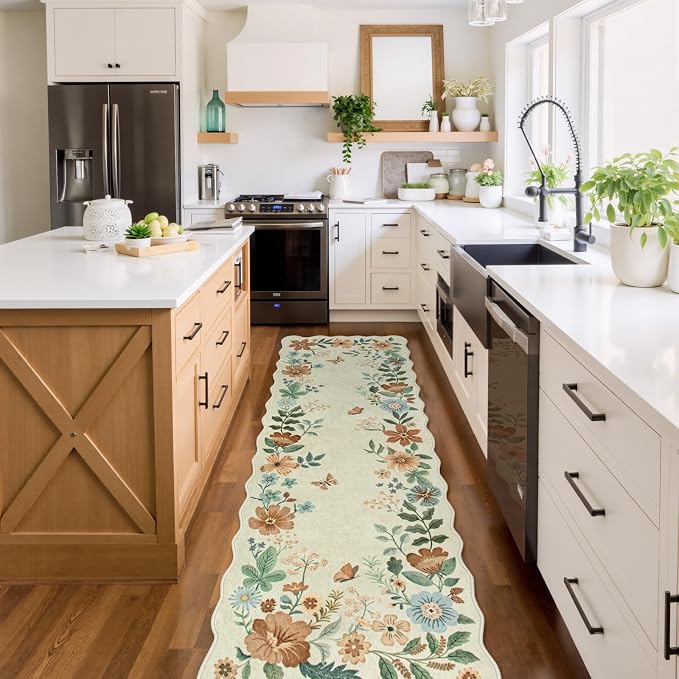 Lahome Floral Washable Runner Rug, 2'6''x8' Soft Hallway Rug Non Slip | Boho Ultra-Thin Kitchen Runners for Hallways with Rubber Backing Carpet for Laundry Bedroom Bathroom Flore (Beige)