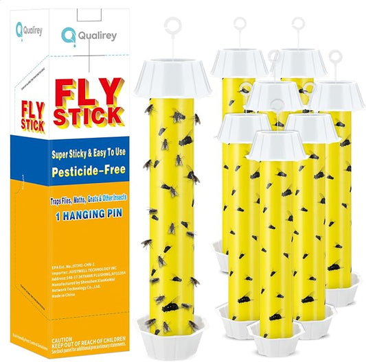 Qualirey 8 Pcs Sticky Fly Trap Fly Stick Indoor Outdoor Long Lasting Hanging Flies Bug Catcher Paper Tape Strips with Hook for Wasps Gnats Bug Insects Fruit Flies Mosquitoes (Novel-1,Yellow and Black)