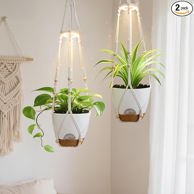 Hanging Planters for Indoor Plants: 2 Pack Macrame Plant Hangers with Grow Lights and Self-Watering Pots, Large Hanging Pots with Drainage Holes & Removable Tray（8in White Pot, Daylight Spectrum）
