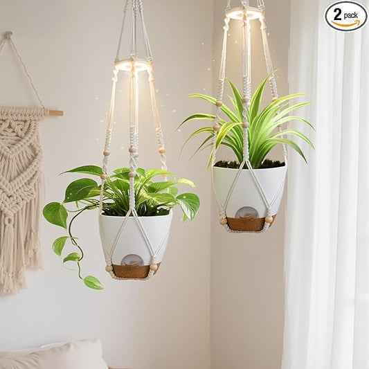 Hanging Planters for Indoor Plants: 2 Pack Macrame Plant Hangers with Grow Lights and Self-Watering Pots, Large Hanging Pots with Drainage Holes & Removable Tray（8in White Pot, Daylight Spectrum）