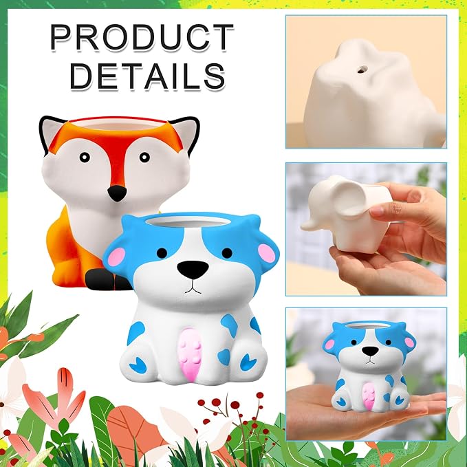 Hushee 12 Sets DIY Ceramic Succulent Pots Ready to Paint Animal Planters Unpainted Plant Flower Pots Bulk with Drainage Hole and Bisque Paint ， Adults Craft Christmas