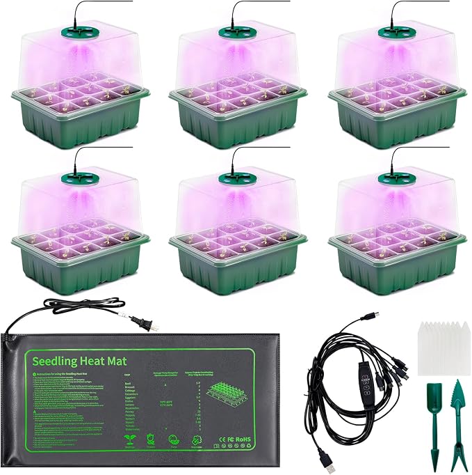 KEOHOLI Seed Starter Kit with Grow Light and Heat Mat, 6 Pack 12-Cell Seedling Trays with LED Panels, Adjustable Timer & Dimmer Indoor Plant Propagation Station for Herbs, Vegetables, Flowers
