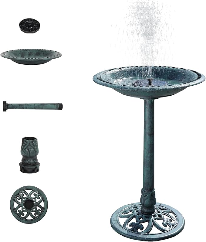 VINGLI Pedestal Bird Bath with Solar Fountain, Solar Pump Resin Birdbaths, Weather Resistant Bird Baths with Ground Stakes, Vintage Finish Garden Decor for Outdoor, Patio, Yard, Lawn(Green)