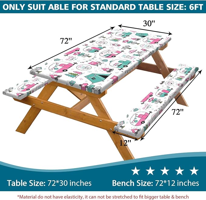 Picnic Table and Bench Covers Set Camping Essentials - Cute Pink Camper Adventure Waterproof Windproof Tablecloth, Camping Accessories with Drawstring Bag Fits for Camping Picnic, 30X72 inch