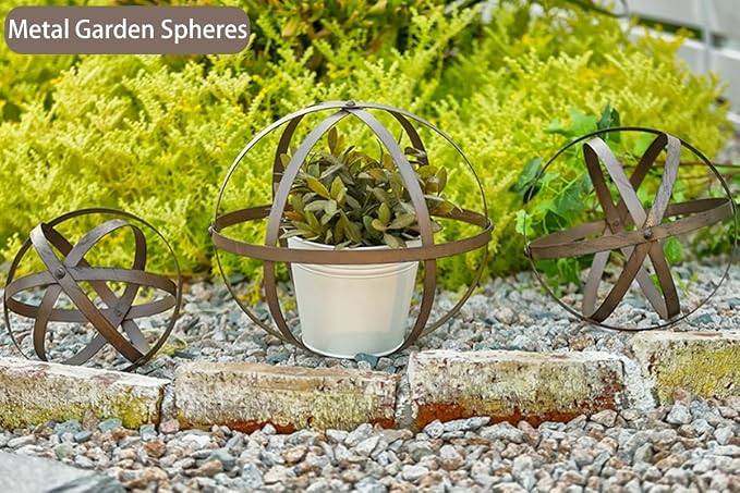 Set of 3 Metal Garden Spheres, Metal Folding Orb Garden Ball for Patio Yard Decor, Dia 12", 9", 7"