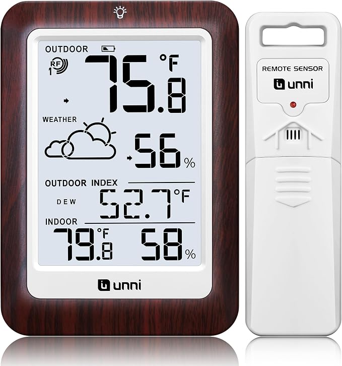 Indoor Outdoor Thermometer Wireless Weather Station, Temperature Humidity Monitor Battery Powered Inside Outside Thermometers with 330ft Range Remote Sensor and Backlight Display（Dark Wood）