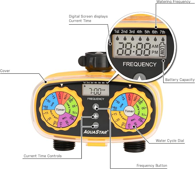 AQUASTAR Two-Zone Hose Watering Timer (Yellow), Automatic Irrigation for Lawn, Garden, Yard, Two Outlets