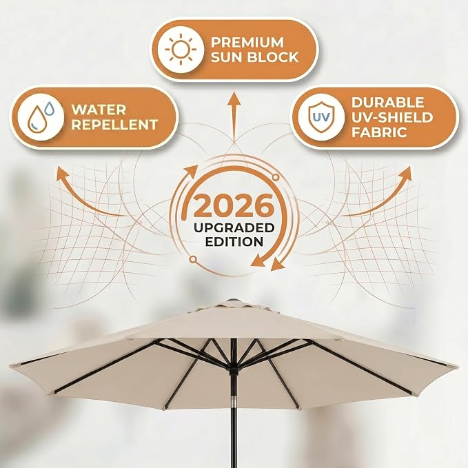 Greesum 9FT Outdoor Patio Umbrella, Table Umbrella for Yard, Market, Heavy-Duty Waterproof Pool Umbrella with 8 Sturdy Ribs, UV Protection for Beach, Deck, Garden, Backyard