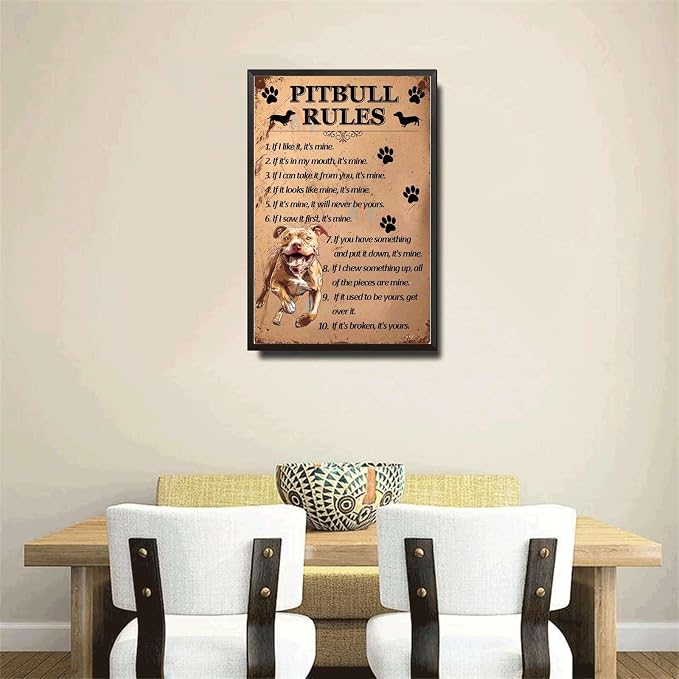 Metal Sign Tin Sign Vintage Wall Art Pitbull Rules Funny Sign for Bar 6×8 Inches with Metal Frame