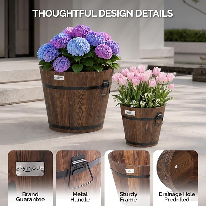 VINGLI 3 PCS Large Wooden Planter Barrel Set, 11.5"(Dia)- 18"(Dia) Real Wood Indoor/Outdoor Flower Pot w/Drainage Holes, Different Sizes, Large Garden Container Box