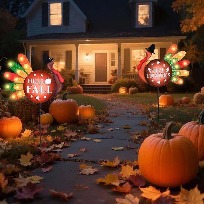 Fall Yard Decor Outdoor Autumn Harvest Garden Stakes with LED Light Autumn Two Turkeys Yard Sign with Stakes Fall Thanksgiving Decoration for Home Outside Lawn Garden Holiday Decor