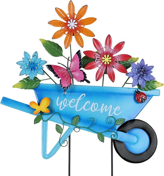 YEAHOME Garden Decor for Outside, 25” Decorative Garden Stakes Metal Wheelbarrow with Flowers for Spring Decor, Butterfly Cart Welcome Yard Signs for Outdoor Lawn Backyard Porch Pathway Decorations