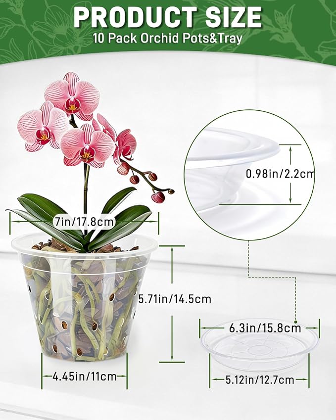 10 Pack 7 Inch Orchid Pot , Deeper and Thicker Plastic Orchid Pots with Holes, Clear Orchid Pots with Holes and Saucers for Repotting , Indoor and Outdoor Orchid Planter for Healthy Root Growth